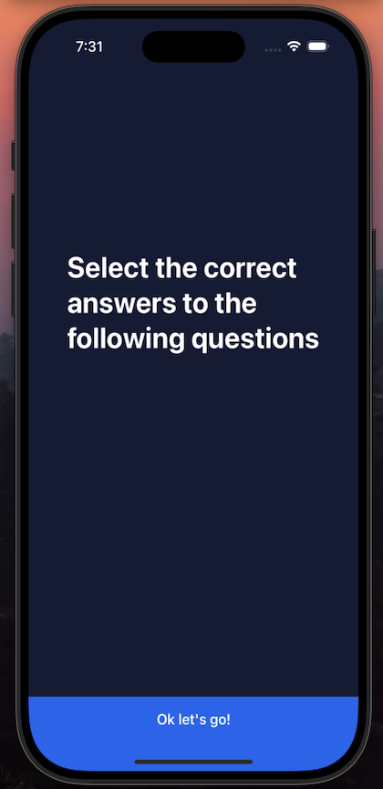 Quiz app question screen