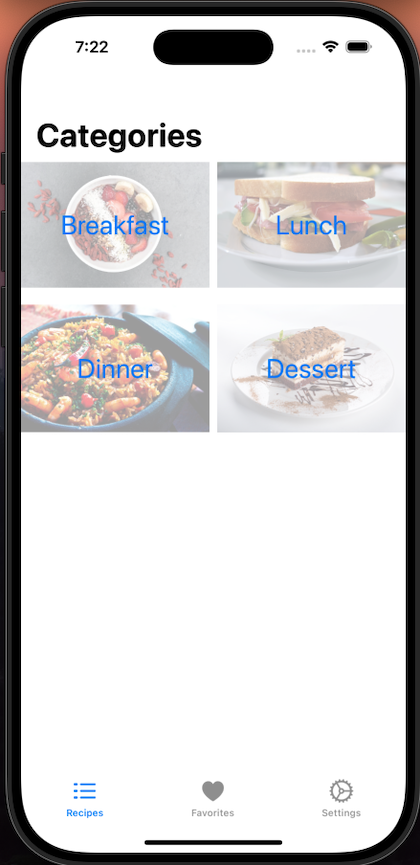 Cookbook categories screen